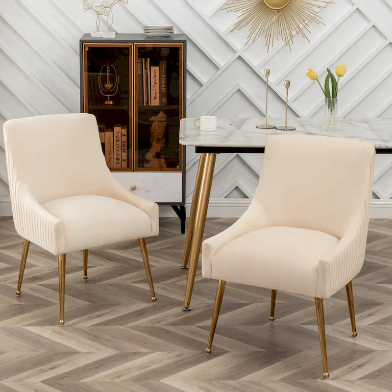 Modern Glam Boucle Pleated Velvet Dining Chair or Vanity Chair Set of 2 with Rear Handle