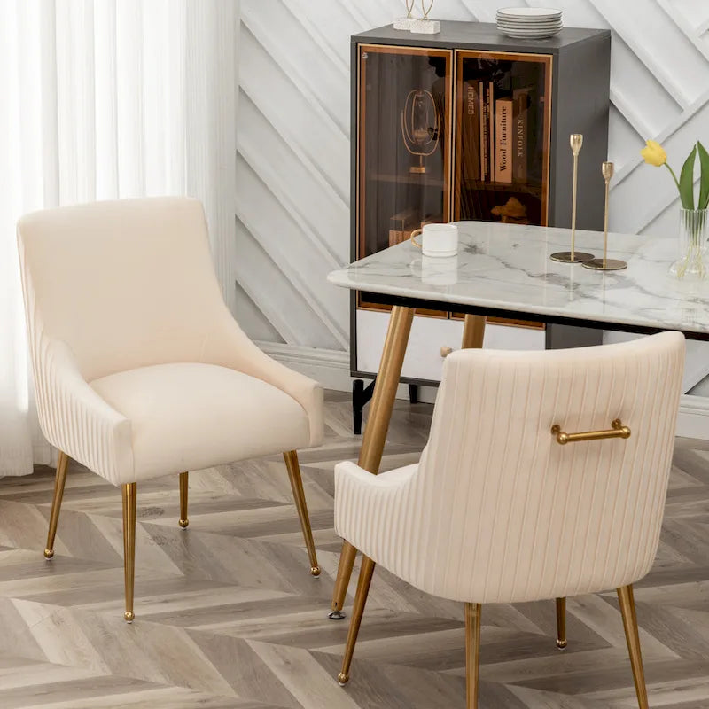 Modern Glam Boucle Pleated Velvet Dining Chair or Vanity Chair Set of 2 with Rear Handle