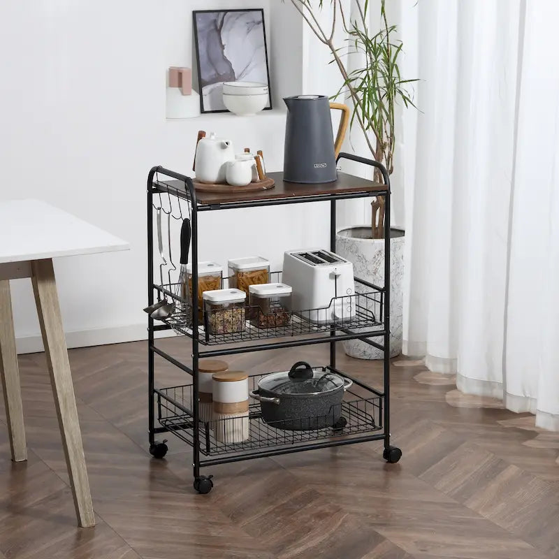 24 3-Tier Rolling Kitchen Cart, Utility Storage Trolley with 2 Basket Drawers, Side Hooks for Dining Room