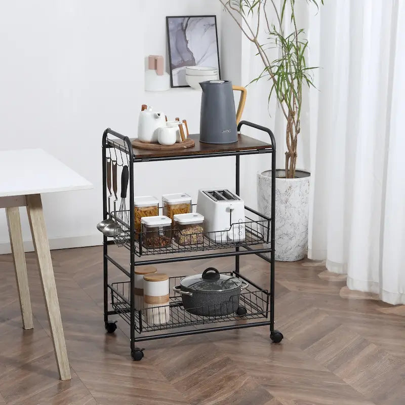 HOMCOM 24 3-Tier Rolling Kitchen Cart, Utility Storage Trolley with 2 Basket Drawers, Side Hooks for Dining Room