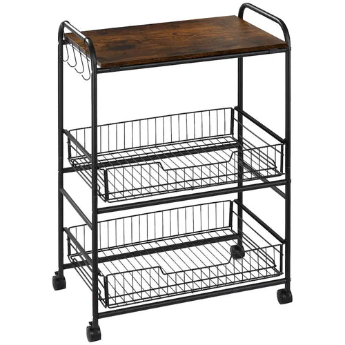 24 3-Tier Rolling Kitchen Cart, Utility Storage Trolley with 2 Basket Drawers, Side Hooks for Dining Room