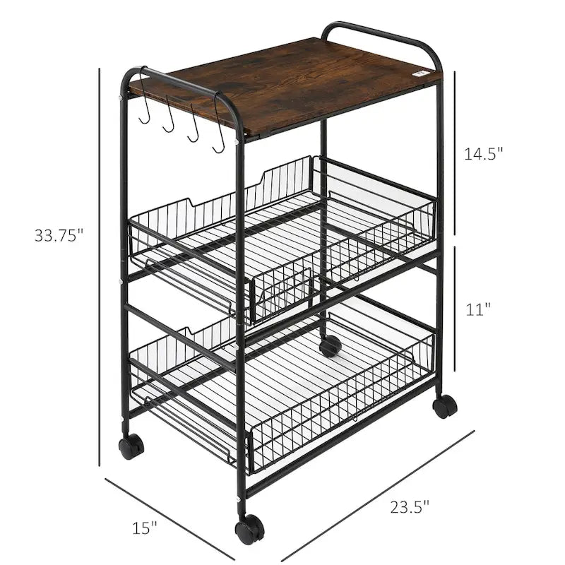 24 3-Tier Rolling Kitchen Cart, Utility Storage Trolley with 2 Basket Drawers, Side Hooks for Dining Room