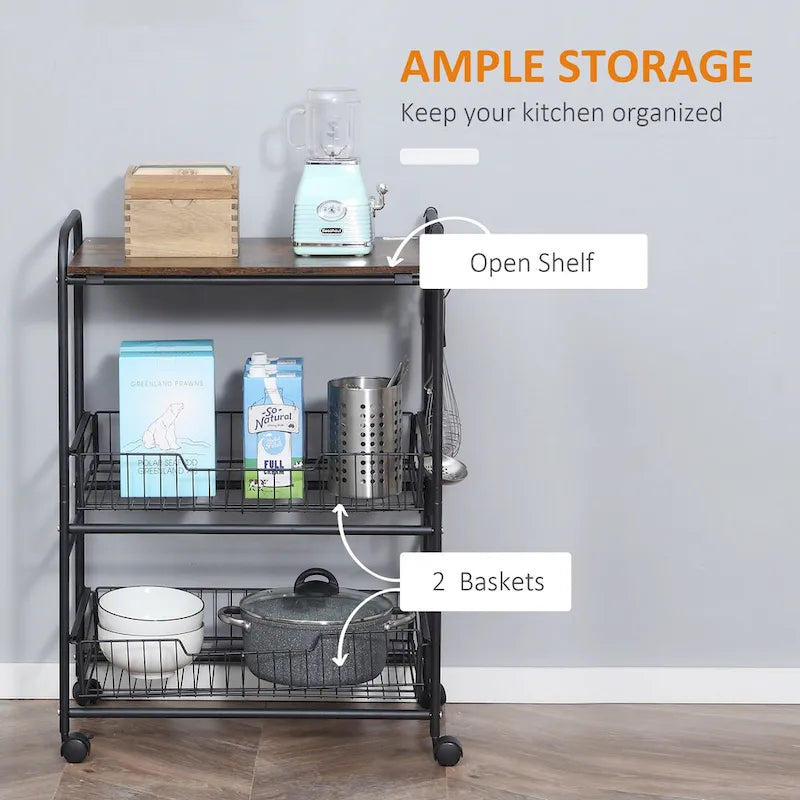 24 3-Tier Rolling Kitchen Cart, Utility Storage Trolley with 2 Basket Drawers, Side Hooks for Dining Room