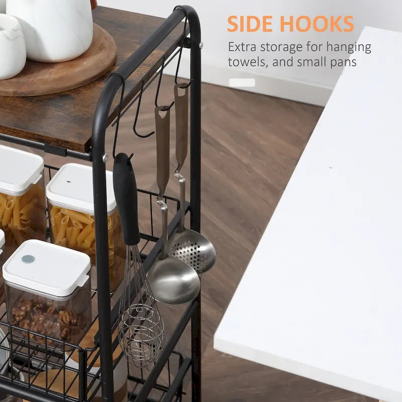 24 3-Tier Rolling Kitchen Cart, Utility Storage Trolley with 2 Basket Drawers, Side Hooks for Dining Room