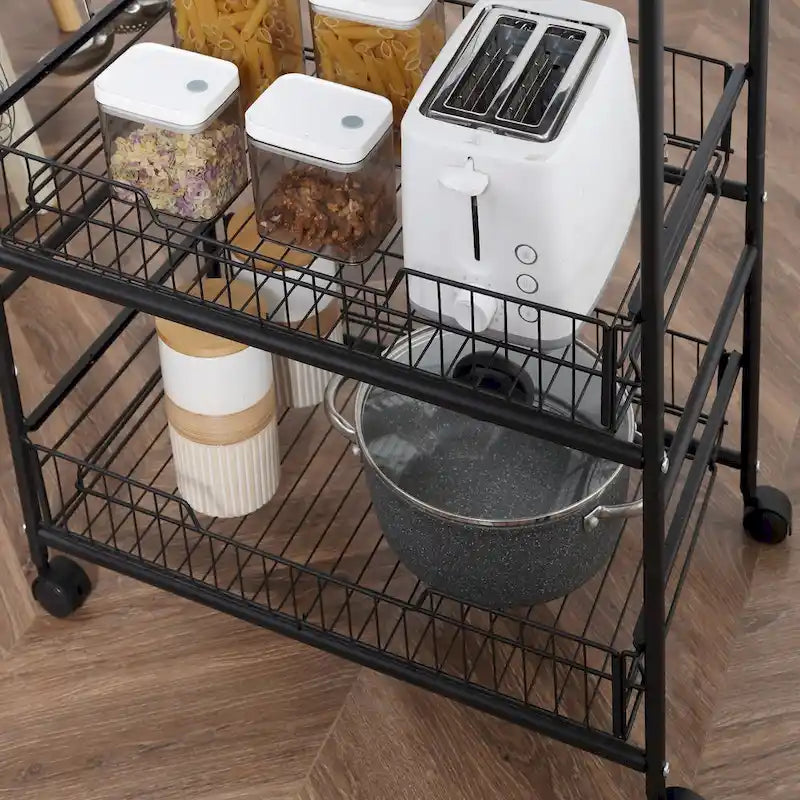24 3-Tier Rolling Kitchen Cart, Utility Storage Trolley with 2 Basket Drawers, Side Hooks for Dining Room