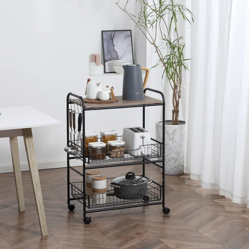 24 3-Tier Rolling Kitchen Cart, Utility Storage Trolley with 2 Basket Drawers, Side Hooks for Dining Room