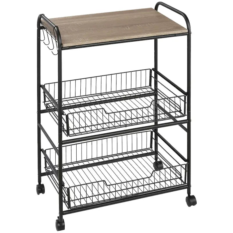 24 3-Tier Rolling Kitchen Cart, Utility Storage Trolley with 2 Basket Drawers, Side Hooks for Dining Room