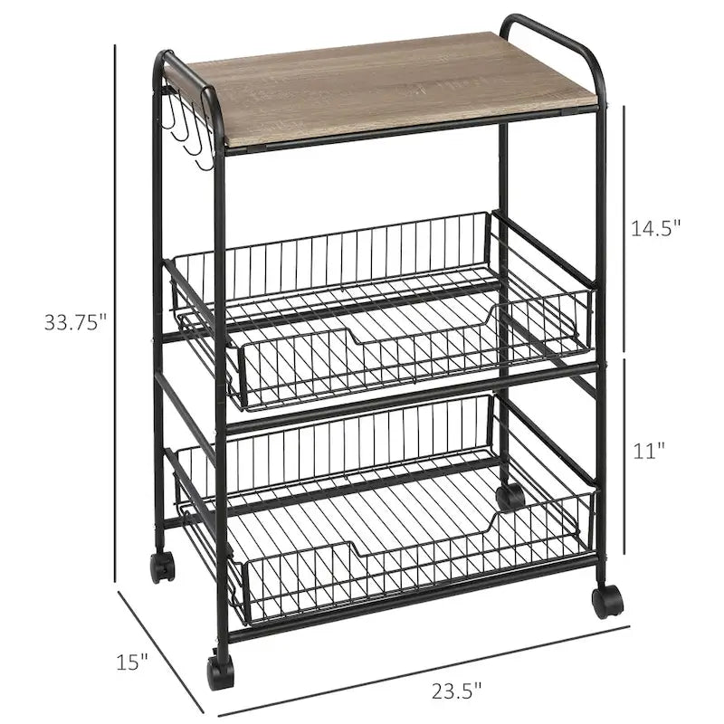 24 3-Tier Rolling Kitchen Cart, Utility Storage Trolley with 2 Basket Drawers, Side Hooks for Dining Room