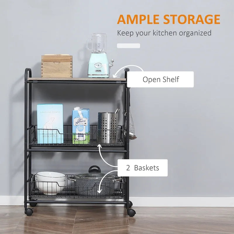 24 3-Tier Rolling Kitchen Cart, Utility Storage Trolley with 2 Basket Drawers, Side Hooks for Dining Room