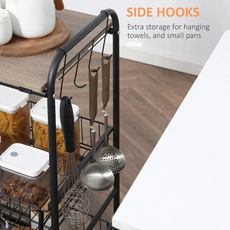 24 3-Tier Rolling Kitchen Cart, Utility Storage Trolley with 2 Basket Drawers, Side Hooks for Dining Room
