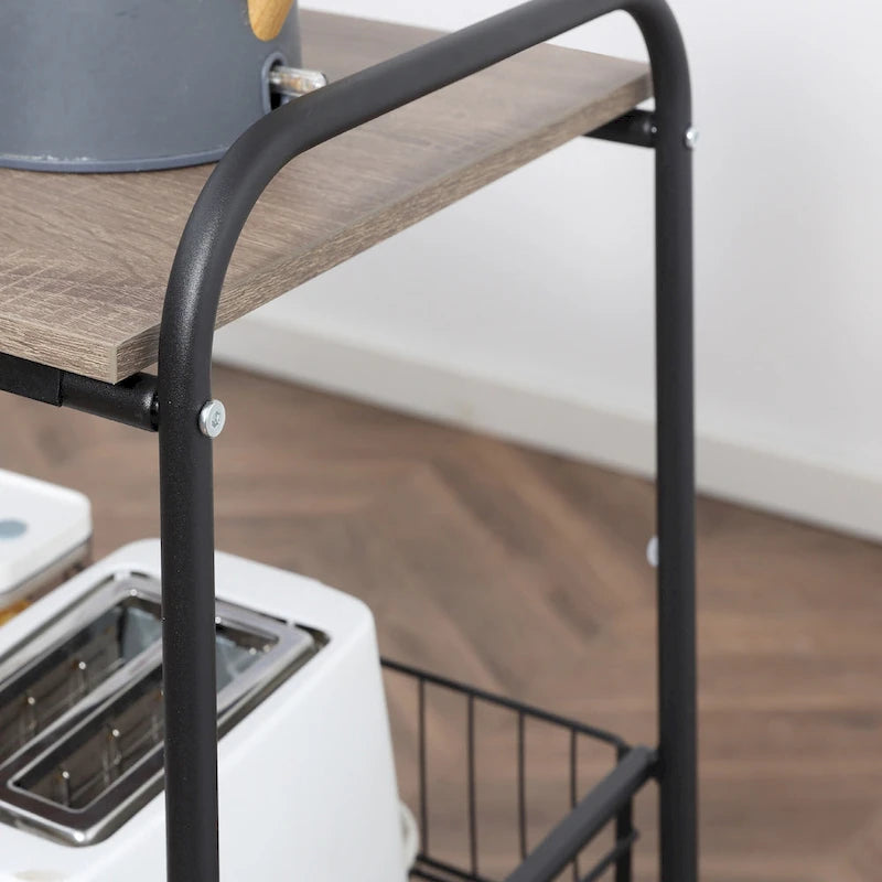 24 3-Tier Rolling Kitchen Cart, Utility Storage Trolley with 2 Basket Drawers, Side Hooks for Dining Room
