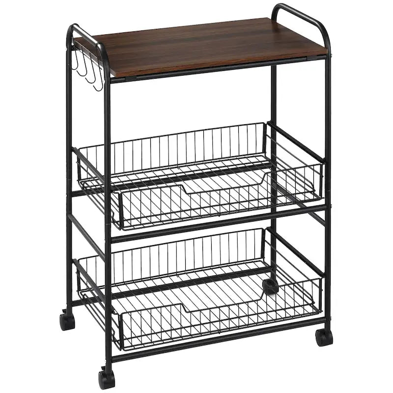 24 3-Tier Rolling Kitchen Cart, Utility Storage Trolley with 2 Basket Drawers, Side Hooks for Dining Room