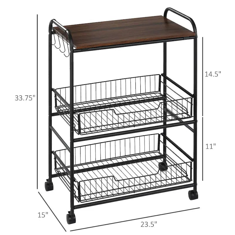 24 3-Tier Rolling Kitchen Cart, Utility Storage Trolley with 2 Basket Drawers, Side Hooks for Dining Room