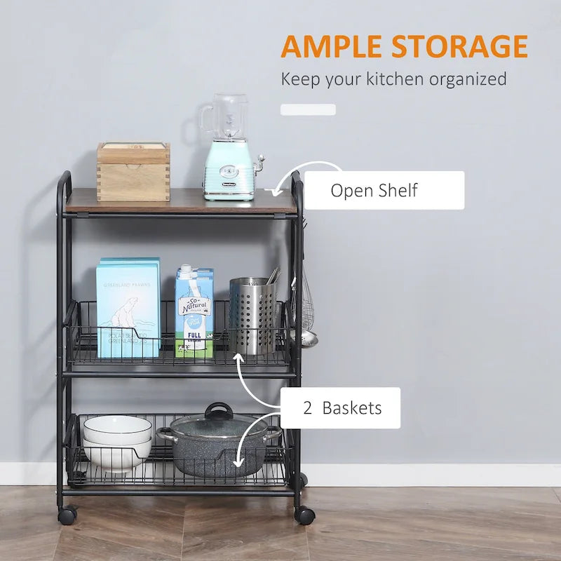 24 3-Tier Rolling Kitchen Cart, Utility Storage Trolley with 2 Basket Drawers, Side Hooks for Dining Room