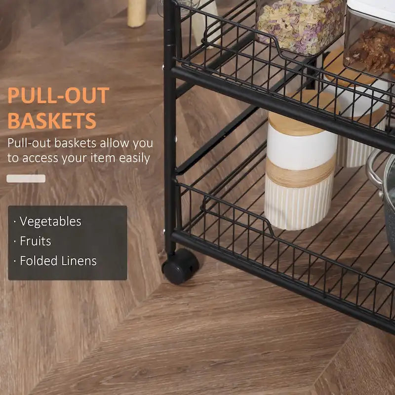 24 3-Tier Rolling Kitchen Cart, Utility Storage Trolley with 2 Basket Drawers, Side Hooks for Dining Room
