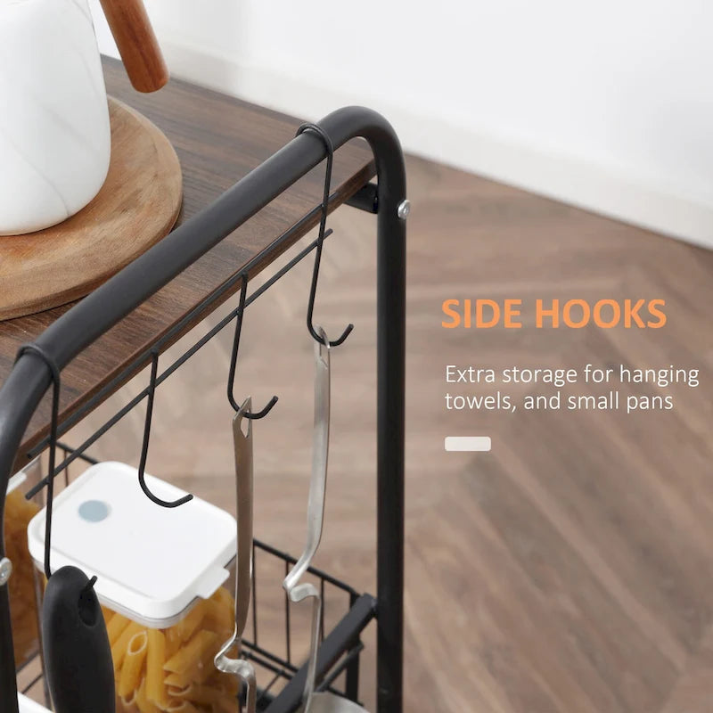 24 3-Tier Rolling Kitchen Cart, Utility Storage Trolley with 2 Basket Drawers, Side Hooks for Dining Room