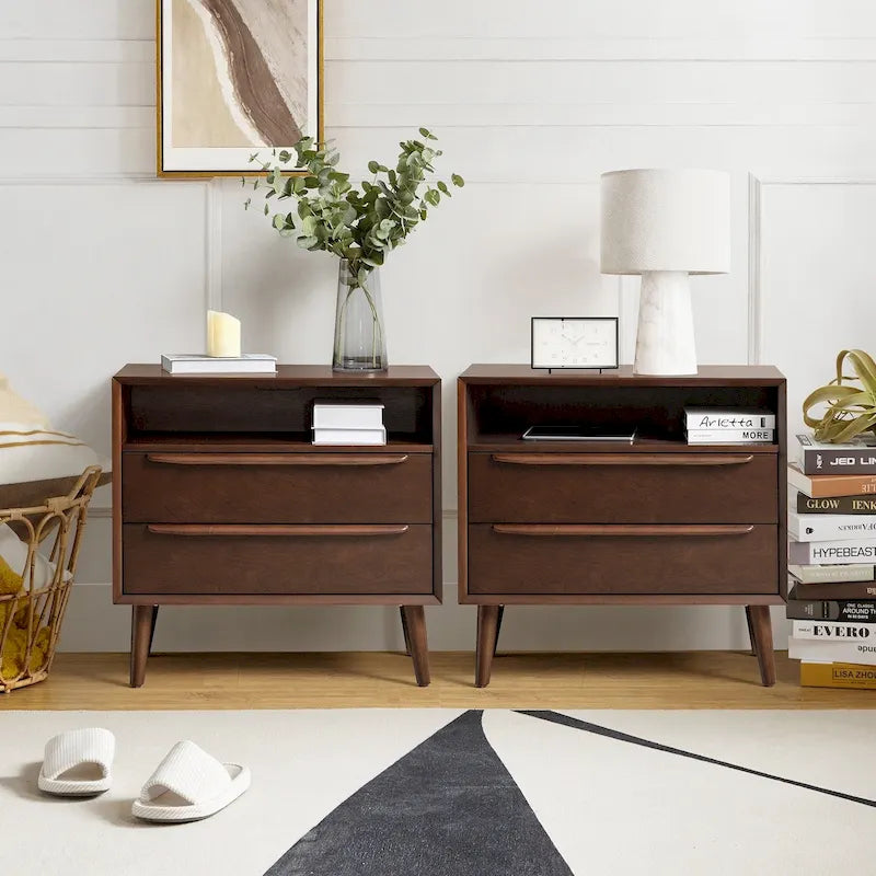 Mid-century Modern 2 - Drawer Nightstand with Built-In Outlets and USB set of 2