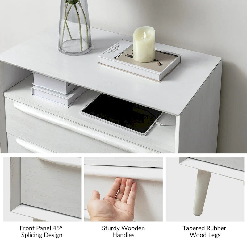 Mid-century Modern 2 - Drawer Nightstand with Built-In Outlets and USB set of 2