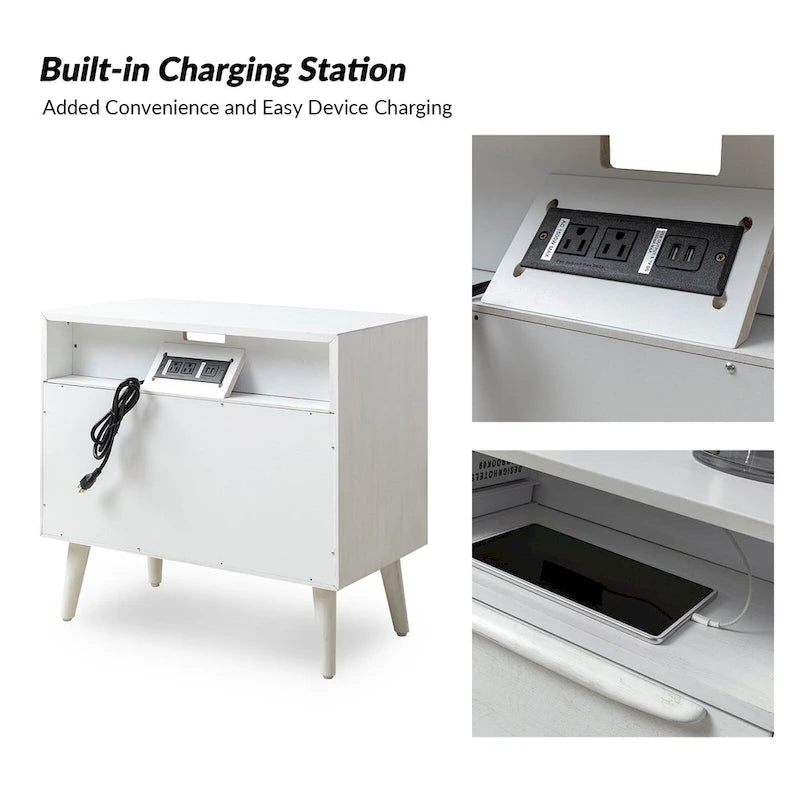 Mid-century Modern 2 - Drawer Nightstand with Built-In Outlets and USB set of 2