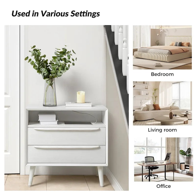 Mid-century Modern 2 - Drawer Nightstand with Built-In Outlets and USB set of 2