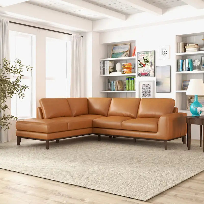 Living Room Full Grain Genuine Leather Best Sectional Couch in Cognac Tan