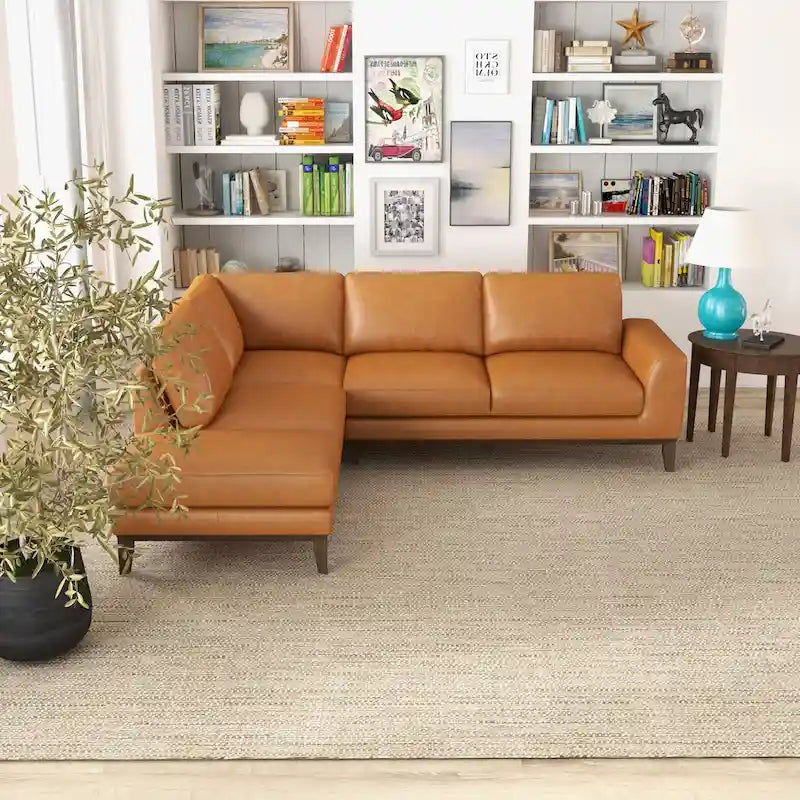 Living Room Full Grain Genuine Leather Best Sectional Couch in Cognac Tan
