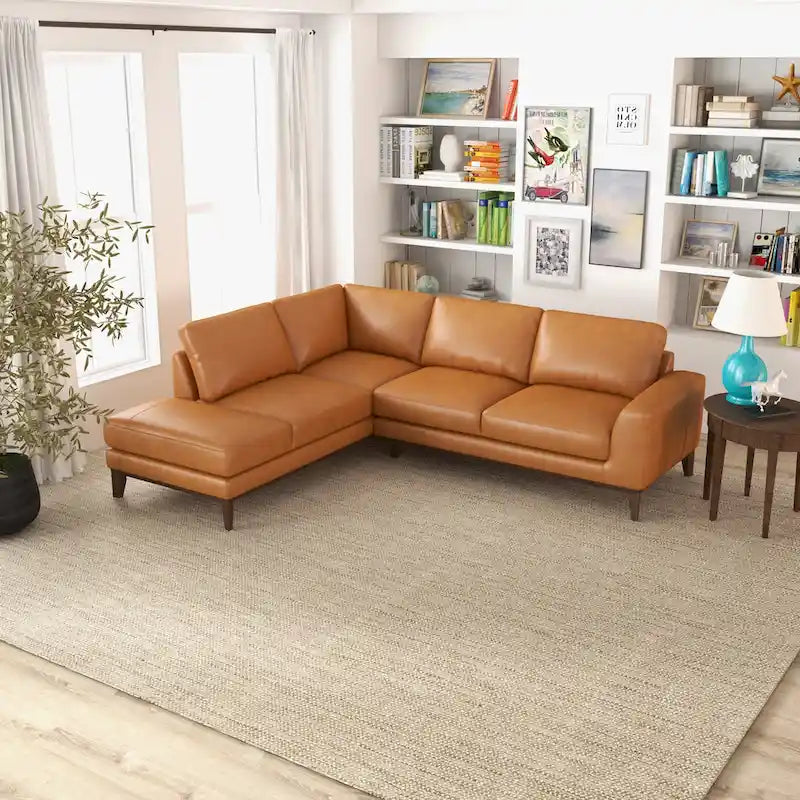 Living Room Full Grain Genuine Leather Best Sectional Couch in Cognac Tan