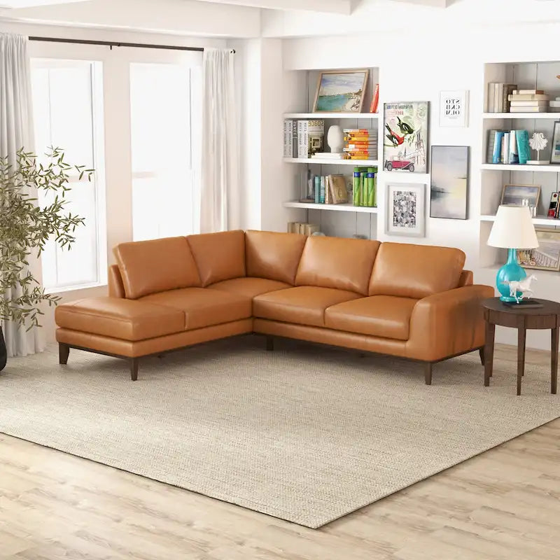 Living Room Full Grain Genuine Leather Best Sectional Couch in Cognac Tan