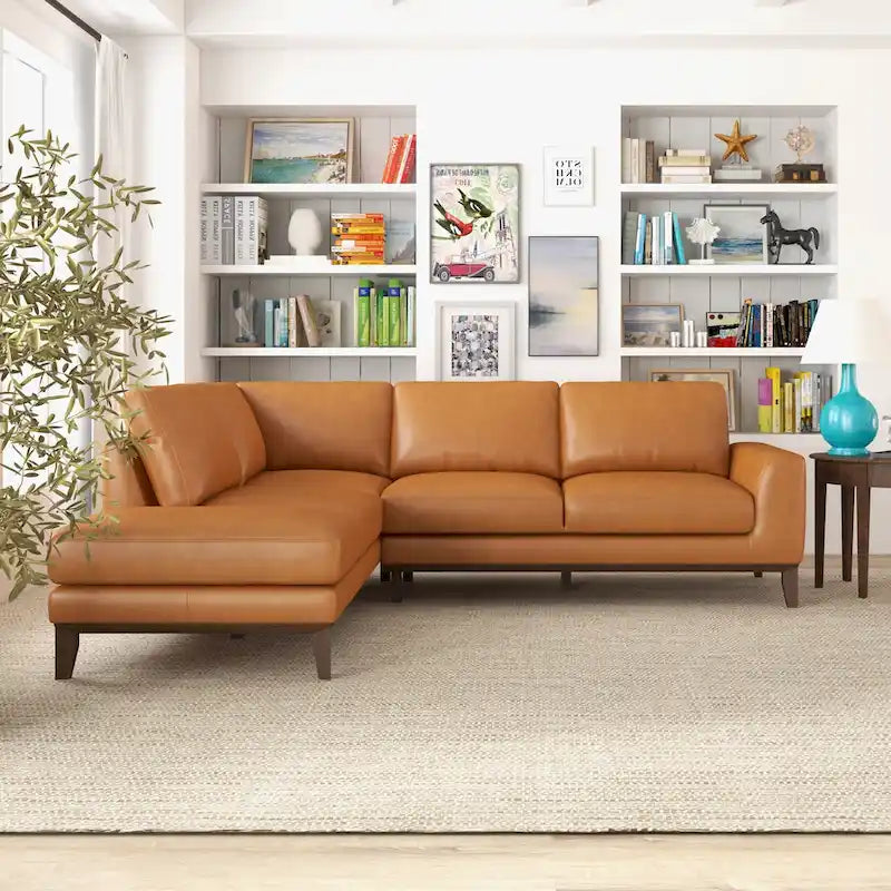 Living Room Full Grain Genuine Leather Best Sectional Couch in Cognac Tan