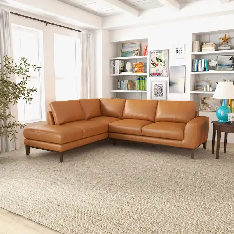 Living Room Full Grain Genuine Leather Best Sectional Couch in Cognac Tan