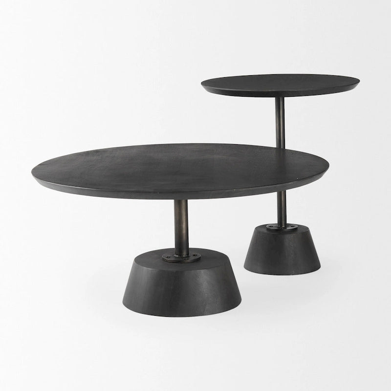 Dark Brown Wood w/Black Metal Pedestal Round Side Table