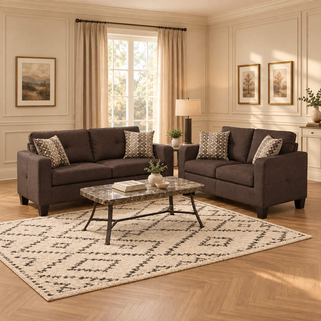Polyfiber 2 Pieces Sofa Set With Accent Pillows Brown
