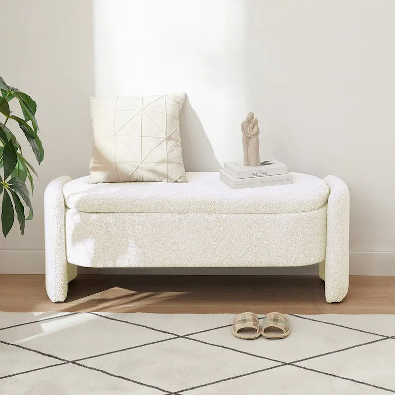 Ottoman 3D Lamb Fleece Fabric Storage Bench w/ Large Storage Space