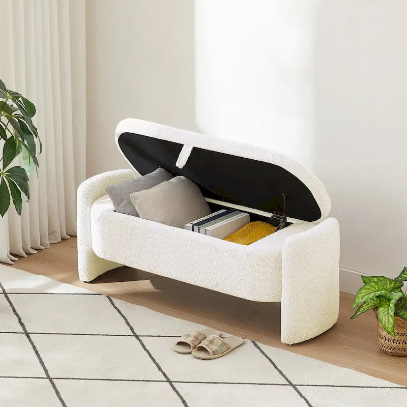 Ottoman 3D Lamb Fleece Fabric Storage Bench w/ Large Storage Space