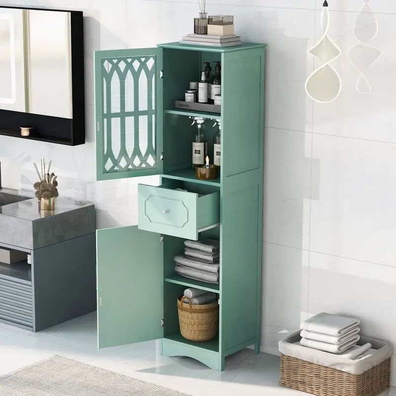 MDF Board 63.8 Tall Bathroom Tower Cabinet, Freestanding Bathroom Storage Cabinet with Drawer and Acrylic Door