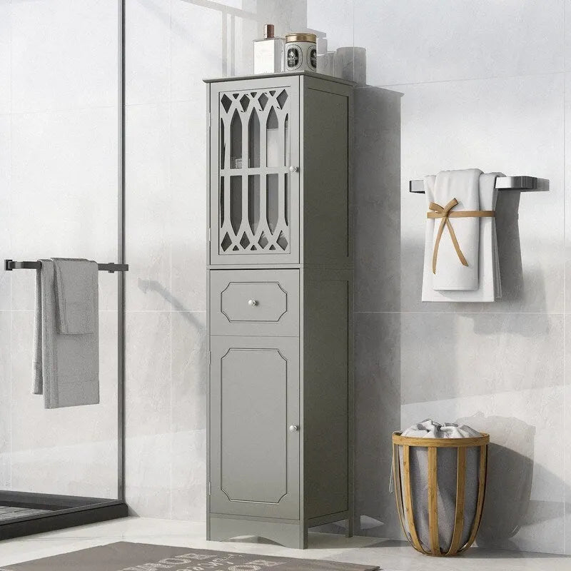 MDF Board 63.8 Tall Bathroom Tower Cabinet, Freestanding Bathroom Storage Cabinet with Drawer and Acrylic Door