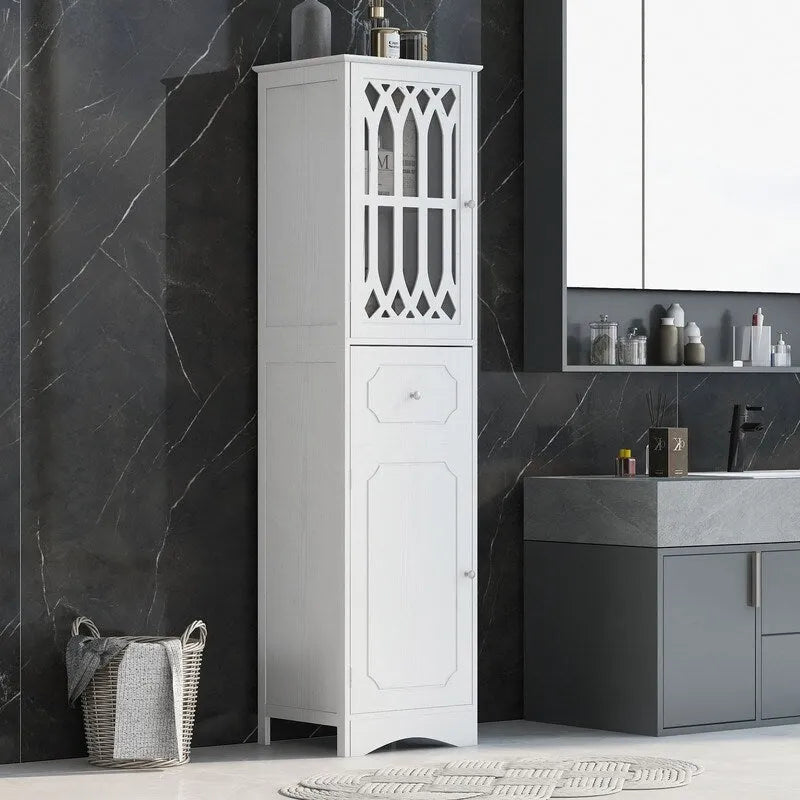 MDF Board 63.8 Tall Bathroom Tower Cabinet, Freestanding Bathroom Storage Cabinet with Drawer and Acrylic Door