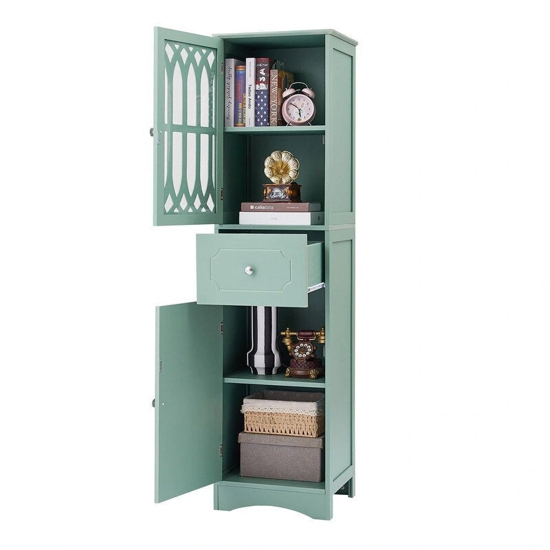 MDF Board 63.8 Tall Bathroom Tower Cabinet, Freestanding Bathroom Storage Cabinet with Drawer and Acrylic Door
