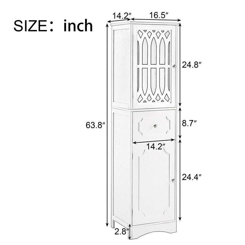 MDF Board 63.8 Tall Bathroom Tower Cabinet, Freestanding Bathroom Storage Cabinet with Drawer and Acrylic Door