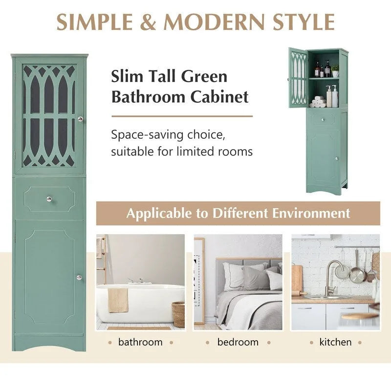 MDF Board 63.8 Tall Bathroom Tower Cabinet, Freestanding Bathroom Storage Cabinet with Drawer and Acrylic Door