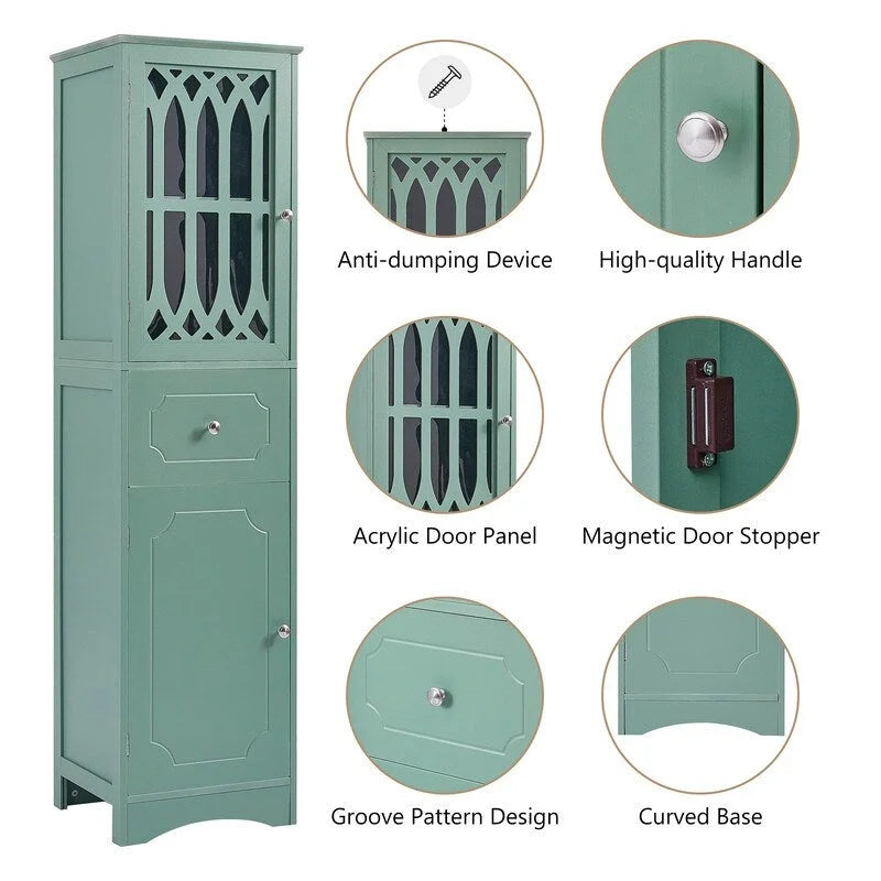 MDF Board 63.8 Tall Bathroom Tower Cabinet, Freestanding Bathroom Storage Cabinet with Drawer and Acrylic Door