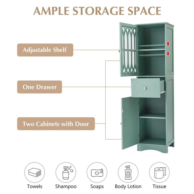 MDF Board 63.8 Tall Bathroom Tower Cabinet, Freestanding Bathroom Storage Cabinet with Drawer and Acrylic Door