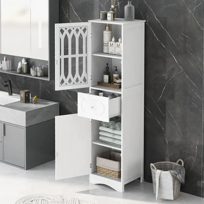 MDF Board 63.8 Tall Bathroom Tower Cabinet, Freestanding Bathroom Storage Cabinet with Drawer and Acrylic Door