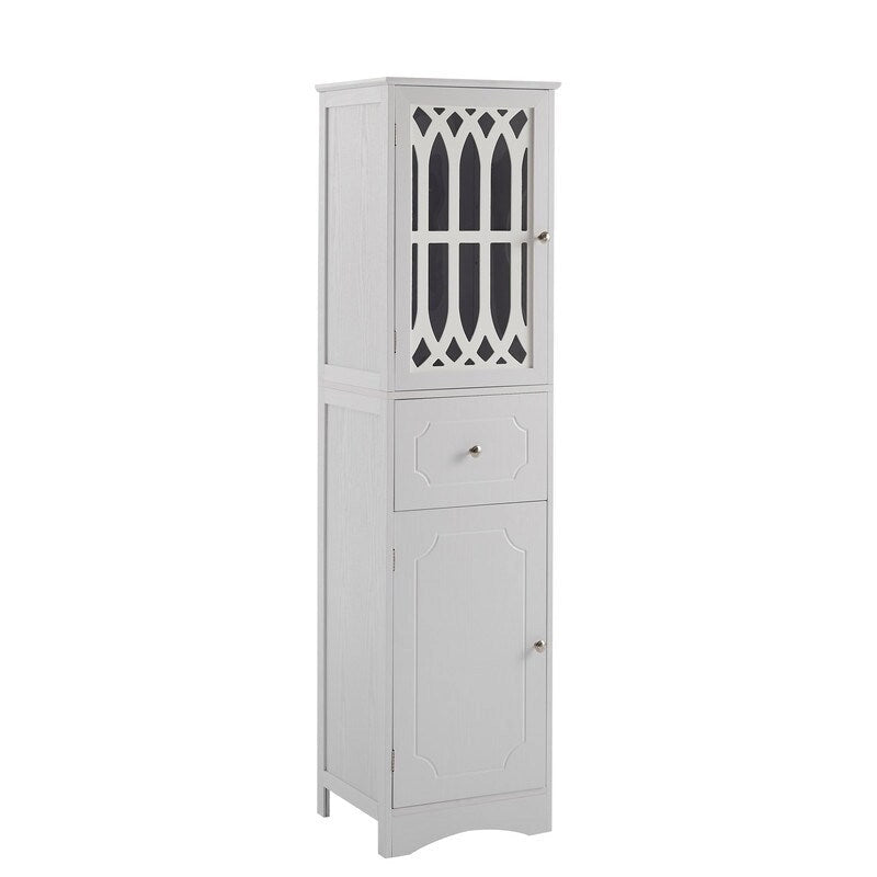 MDF Board 63.8 Tall Bathroom Tower Cabinet, Freestanding Bathroom Storage Cabinet with Drawer and Acrylic Door