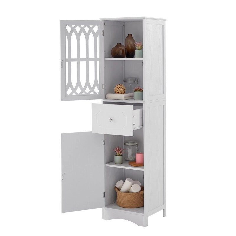 MDF Board 63.8 Tall Bathroom Tower Cabinet, Freestanding Bathroom Storage Cabinet with Drawer and Acrylic Door