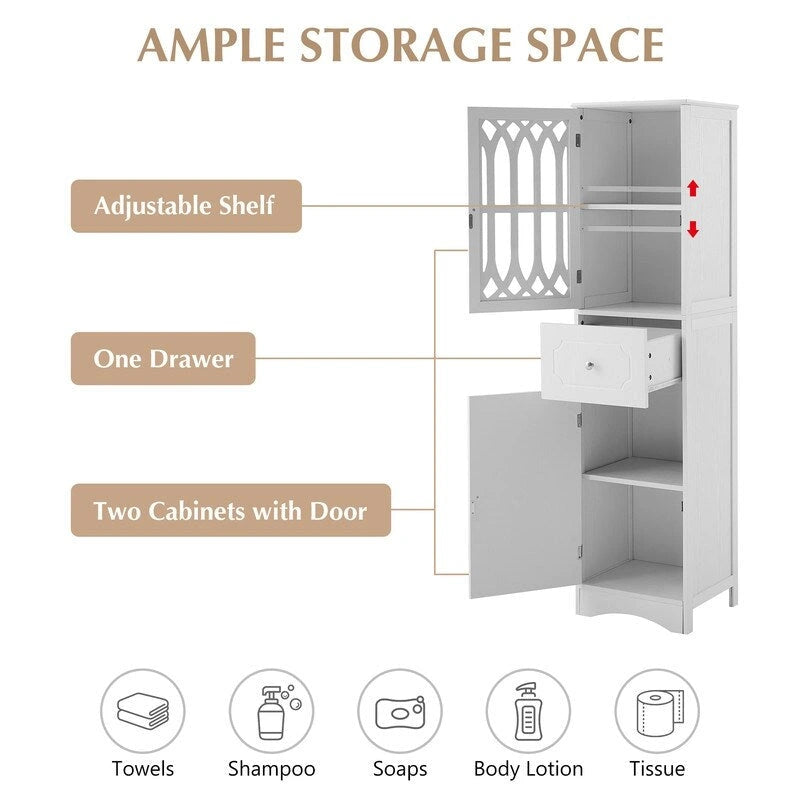 MDF Board 63.8 Tall Bathroom Tower Cabinet, Freestanding Bathroom Storage Cabinet with Drawer and Acrylic Door