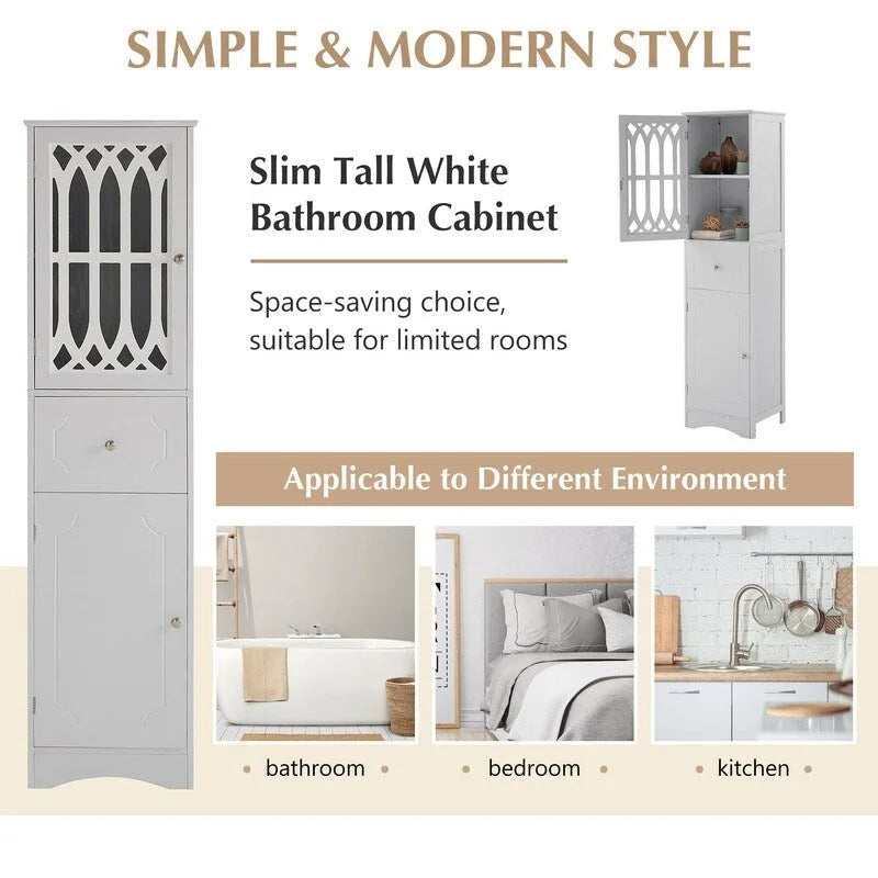 MDF Board 63.8 Tall Bathroom Tower Cabinet, Freestanding Bathroom Storage Cabinet with Drawer and Acrylic Door