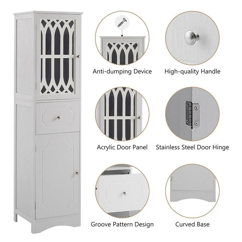 MDF Board 63.8 Tall Bathroom Tower Cabinet, Freestanding Bathroom Storage Cabinet with Drawer and Acrylic Door