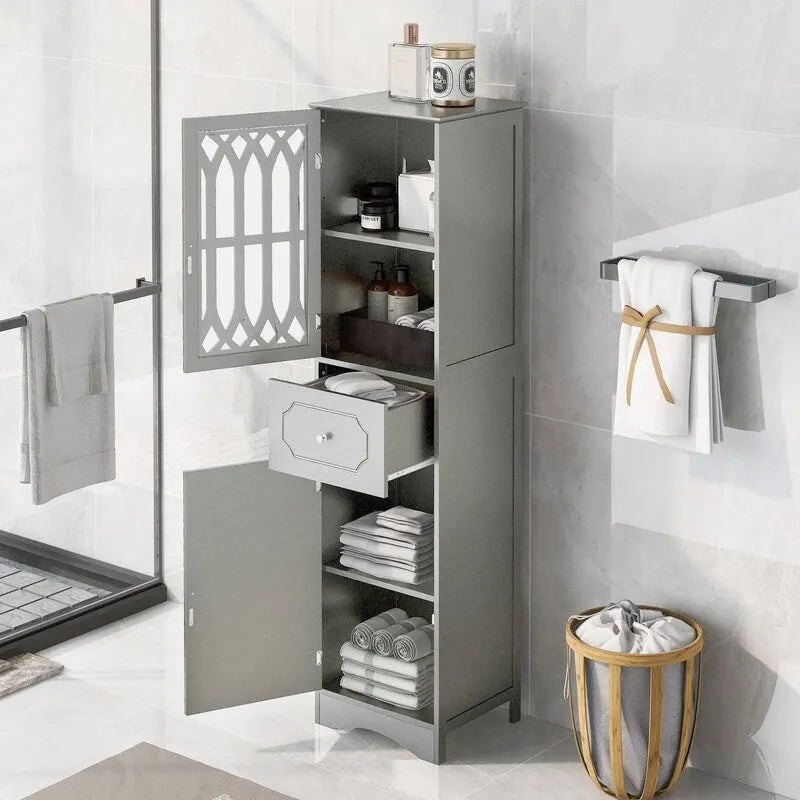 MDF Board 63.8 Tall Bathroom Tower Cabinet, Freestanding Bathroom Storage Cabinet with Drawer and Acrylic Door