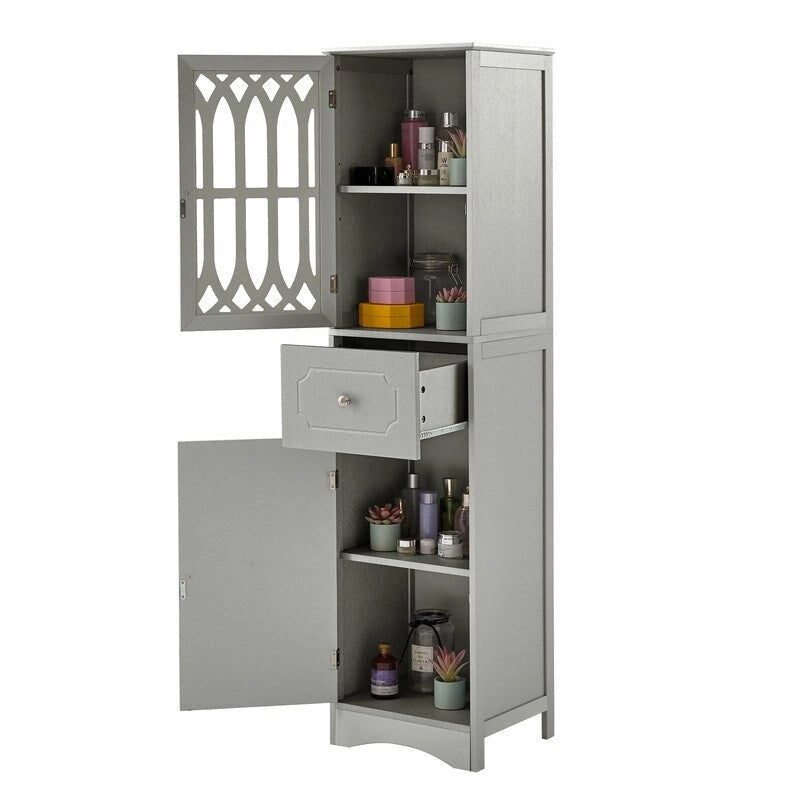 MDF Board 63.8 Tall Bathroom Tower Cabinet, Freestanding Bathroom Storage Cabinet with Drawer and Acrylic Door